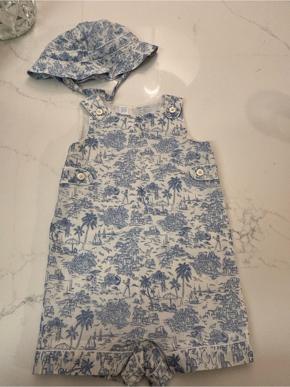 Ralph Lauren Blue and White Toile-Print Baby Sun Romper with Hat